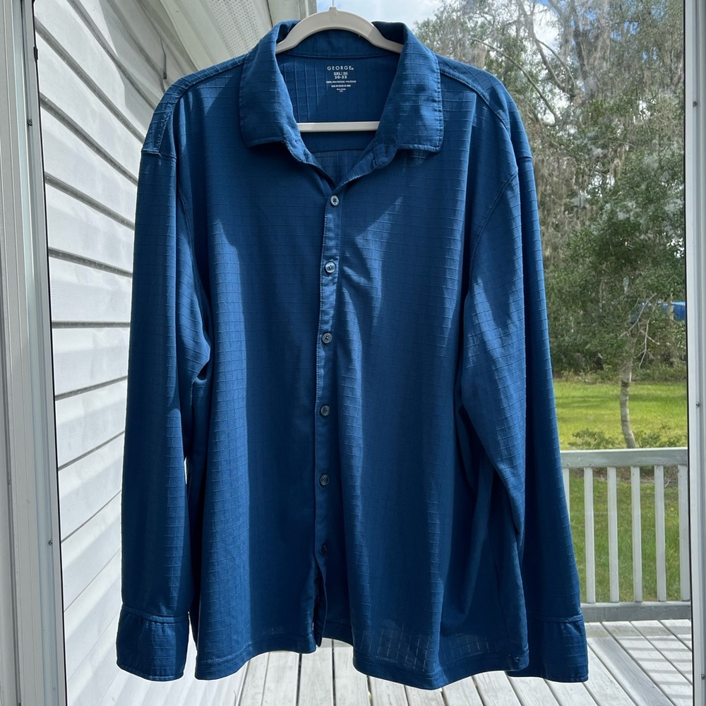 George 2XL Mens Long Sleeve Blue Button Down Polyester Dress Shirt